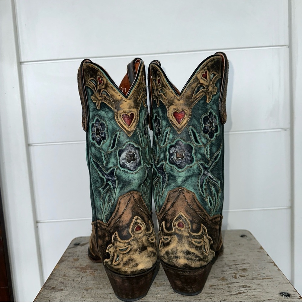 Dan Post Miss Kate Distressed Brown Teal Blue bird  Wing Tip Cowboy Boots Sz 7 - Picture 4 of 7